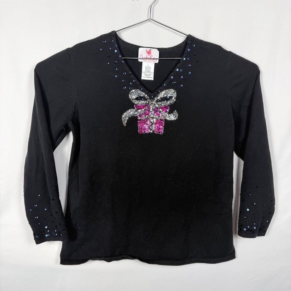 Quacker Factory LS Black Shirt Sequin Christmas Present Women's Large